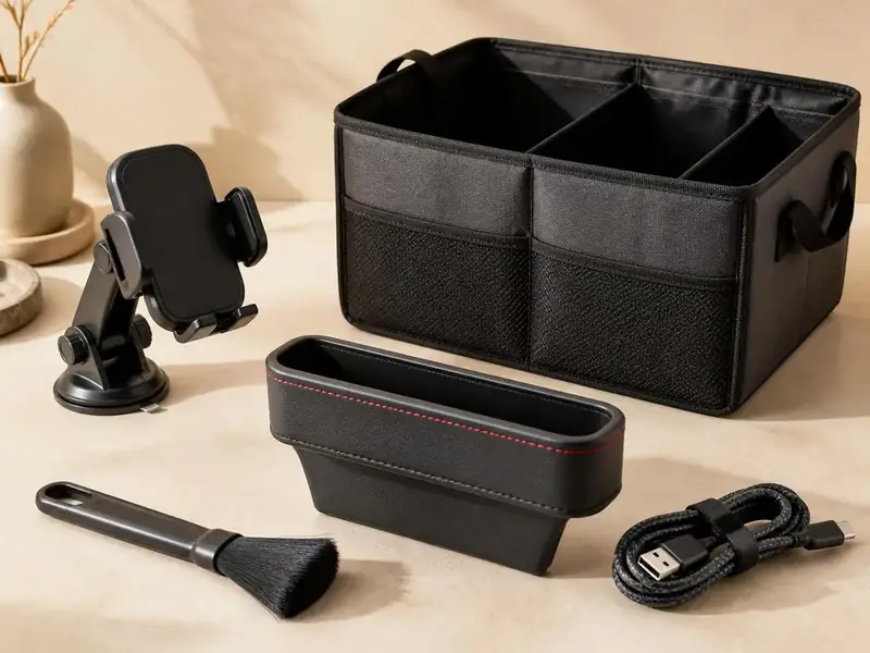 Compact car accessories including a phone mount, boot organiser and interior cleaning brush