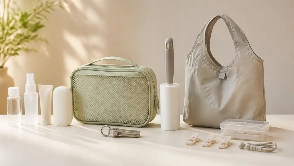 Everyday essentials arranged on a warm surface