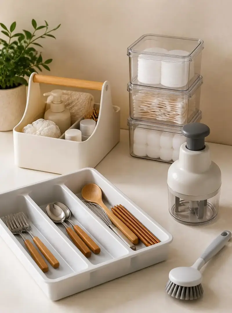 Small practical household products including a drawer organiser, storage boxes and a cleaning brush