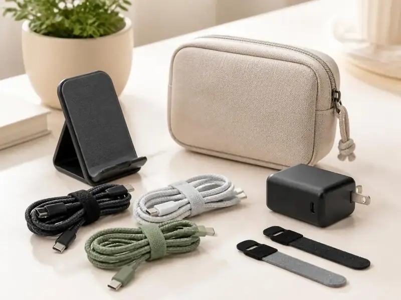 Compact tech accessories including charging cables, a folding phone stand and a travel pouch